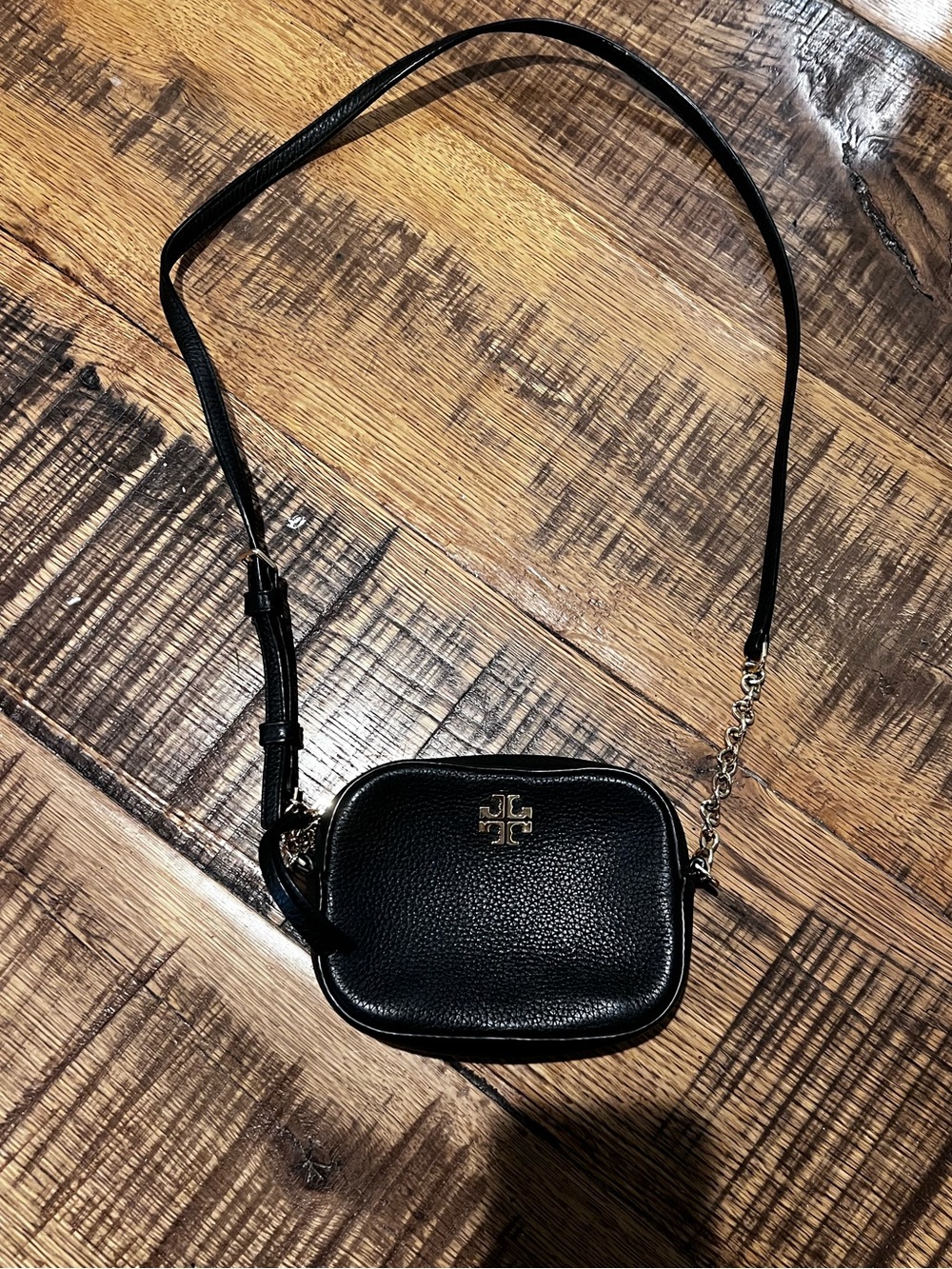 Tory Burch Black Pebbled Leather Camera Crossbody with Gold Logo